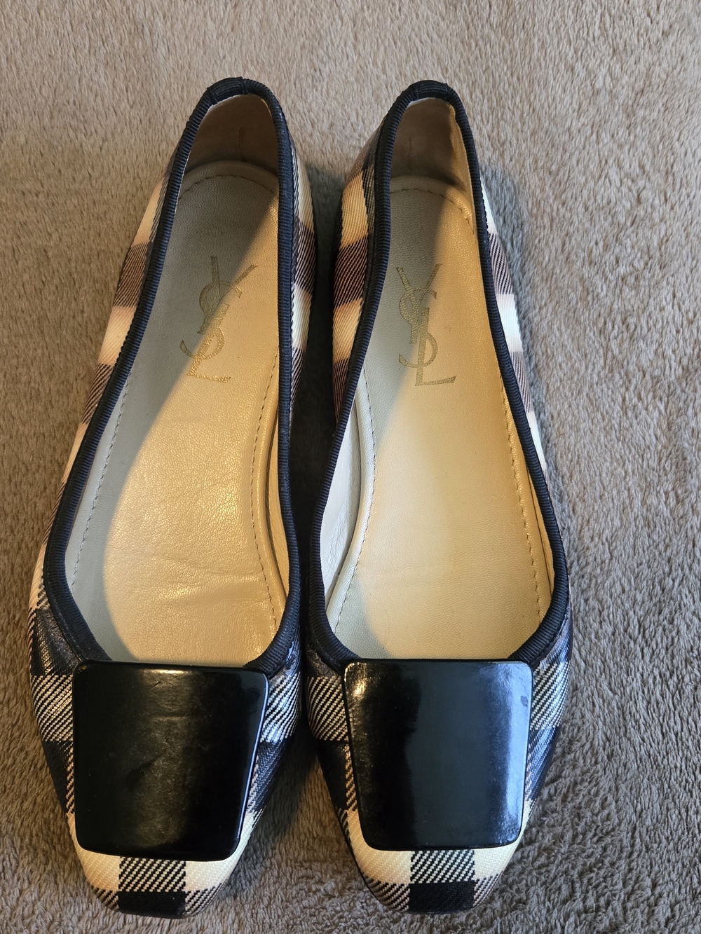 Yves Saint Laurent Plaid Leather Ballet Flats in Black and Cream